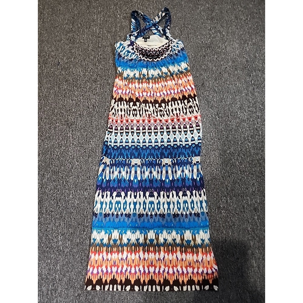 Nicole By Nicole Miller Sz. L Ripple Effect Beaded Detail Cross Back‎ Maxi Dress